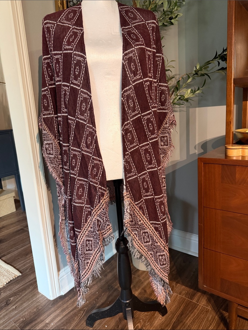 Boho Geometric Fringe wrap in maroon by ecote